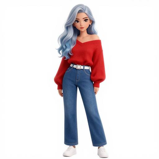 Digital illustration of a stylish woman with long blue hair, wearing a red off-shoulder sweater, blue high-waisted jeans, white belt,