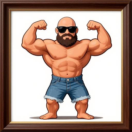 Cartoon illustration of a muscular bald man with a beard, wearing black sunglasses and denim shorts, flexing his arms inside a framed white background.
