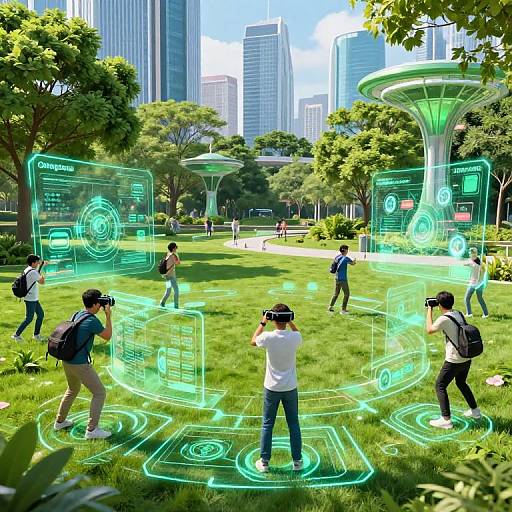 Photorealistic CGI of a futuristic city park with glowing holographic interfaces, people interacting with holograms, surrounded by greenery and skyscrapers.