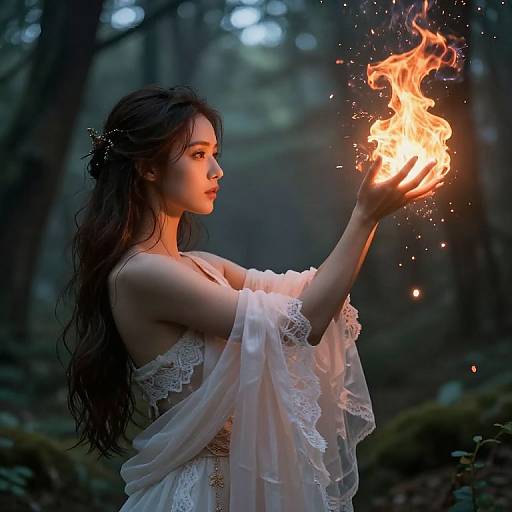 Photograph of a young woman with long, wavy brown hair, wearing a lace, off-shoulder white dress, holding a fiery orb in