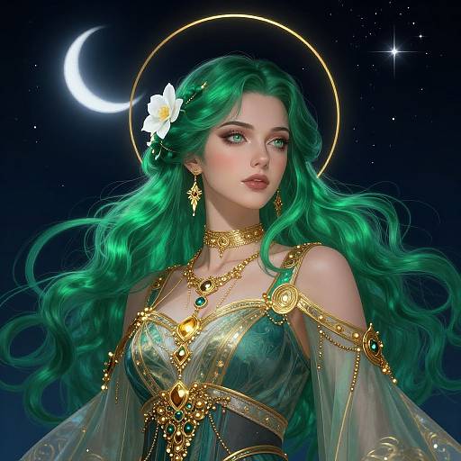 Digital art of a green-haired, fair-skinned woman with glowing eyes, wearing a gold and green ornate dress, adorned with jewelry, against a