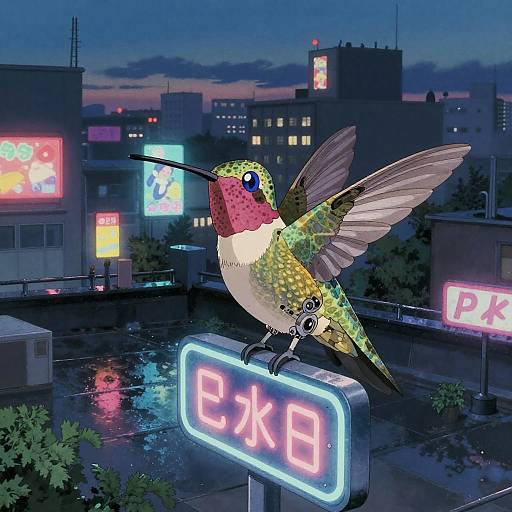 Cyborg Hummingbird on Neon Rooftop Sign
