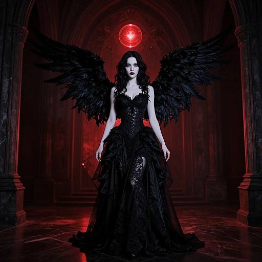 Photograph of a pale-skinned woman with black wings and flowing black lace gown, standing in a dark, gothic archway with a glowing red