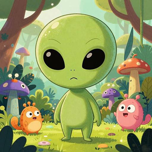 Digital cartoon of a green, alien-like creature with large black eyes standing in a vibrant, sunlit forest filled with colorful, mushroom-shaped creatures and lush