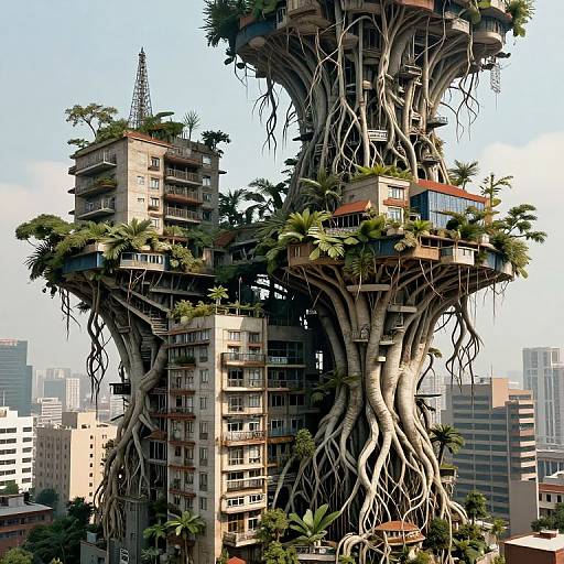 Photorealistic CGI of a futuristic, tree-like skyscraper with massive, intertwining roots, balconies, and greenery, set against a city