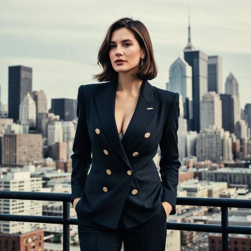 Confident Woman in Double-Breasted Suit by City Skyline