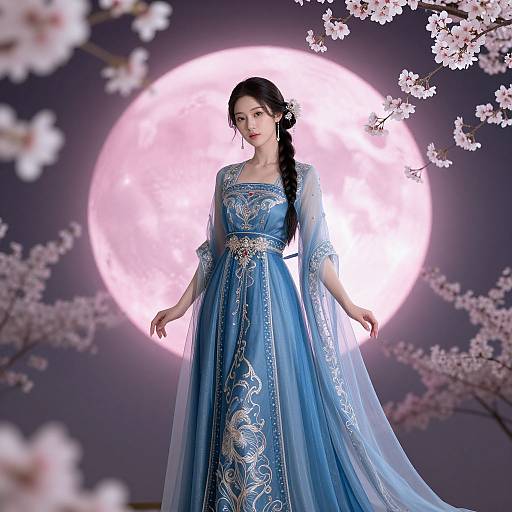 Photograph of an Asian woman in a blue, ornately embroidered dress with a long braid, standing against a bright full moon, surrounded by cherry
