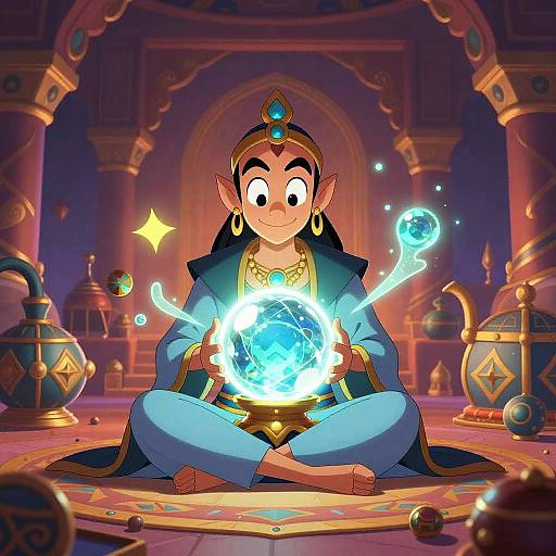 A digital cartoon of a young, wide-eyed, brown-skinned girl with pointy ears, in blue robes, sitting cross-legged, casting a glowing