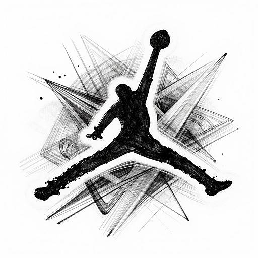 Black silhouette of a dynamic, mid-air, martial artist kicking with an arm raised, surrounded by explosive, black and white, abstract lines. Digital art