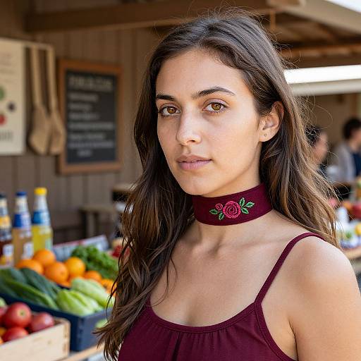 Photograph of a young woman with long dark hair, brown eyes, wearing a maroon choker with roses, and a sleeveless top, standing
