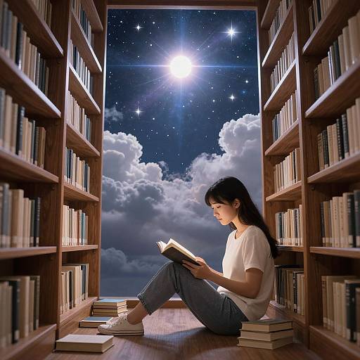 Photograph of an Asian woman with long black hair, wearing a white t-shirt and jeans, reading in a moonlit, starry sky library aisle