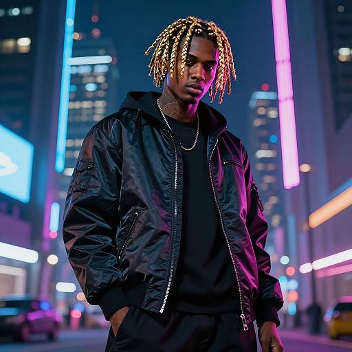 Photograph of a Black man with glowing dreadlocks, wearing a black jacket and necklace, standing in a neon-lit city street at night.