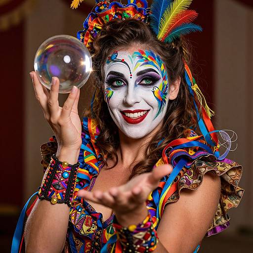 Photograph of a colorful circus performer with white face paint, vibrant feathered headpiece, and multicolored costume, holding a bubble, extending hand