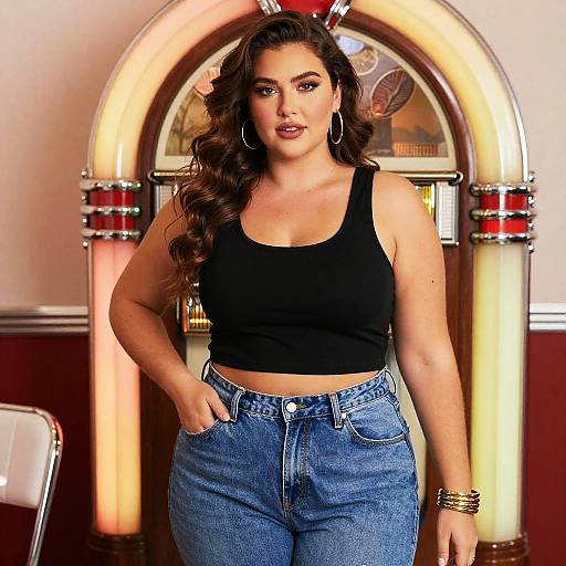 Photograph of a curvy woman with long wavy brown hair, wearing a black crop top and high-waisted blue jeans, standing in front