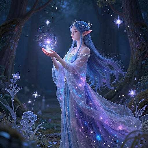 Digital fantasy artwork of an ethereal, blue-haired elf woman in a glowing, starlit forest, holding a radiant, magical orb with delicate, translucent