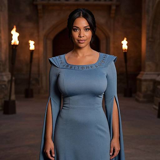 Photograph of a beautiful Black woman with long black hair, wearing a blue, long-sleeved, high-neck dress with cutouts, standing in