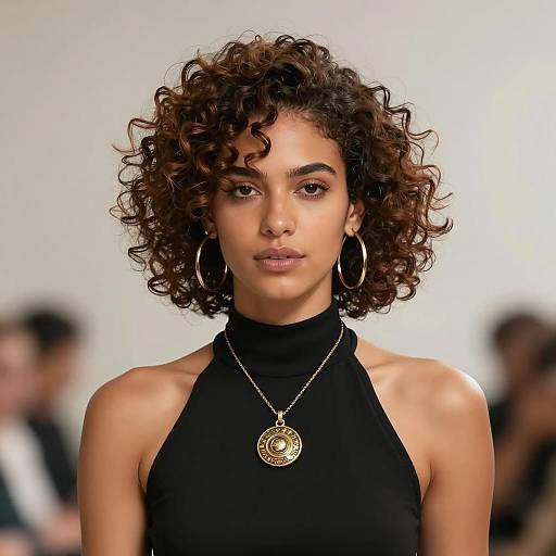 Portrait of Woman with Curly Hair and Gold Accessories