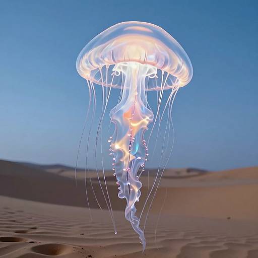 Photorealistic CGI of a glowing jellyfish with translucent, flowing tentacles floating above a sandy desert under a clear, blue sky.