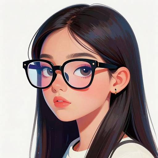 Digital portrait of a young woman with long black hair, large black glasses, pinkish-blue eyes, and red lips, wearing a white shirt.