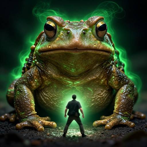 Photorealistic CGI of a giant, glowing green frog with intense eyes, towering over a tiny, silhouetted human figure in front.