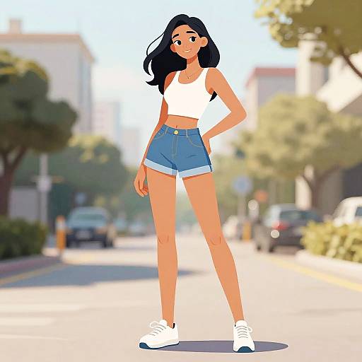 Digital illustration of a tan-skinned, black-haired woman in a white crop top, blue denim shorts, and white sneakers, standing confidently on a sun