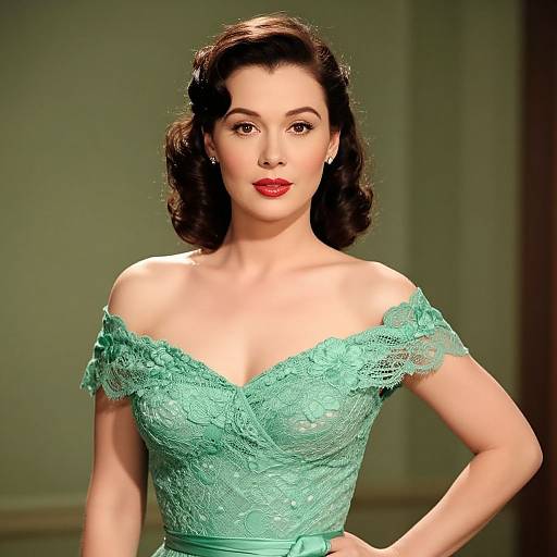 Photograph of a vintage-style woman with dark wavy hair, wearing an off-shoulder, lace, emerald green dress, standing confidently against