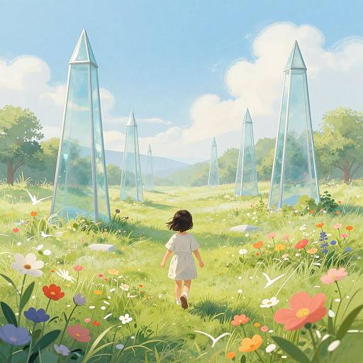 Digital anime-style illustration of a young girl in a white dress walking through a sunlit meadow filled with colorful flowers, surrounded by tall, transparent glass