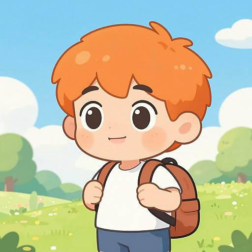 Cute digital cartoon of a young boy with orange hair, wearing a white shirt, blue pants, and brown backpack, smiling in a sunny, green
