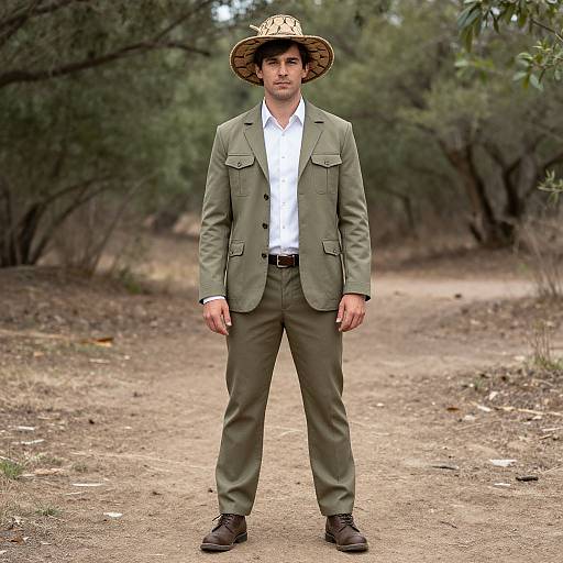 Photograph of a man standing on a dirt path in a wooded area, wearing a green blazer, white shirt, olive pants, black belt,