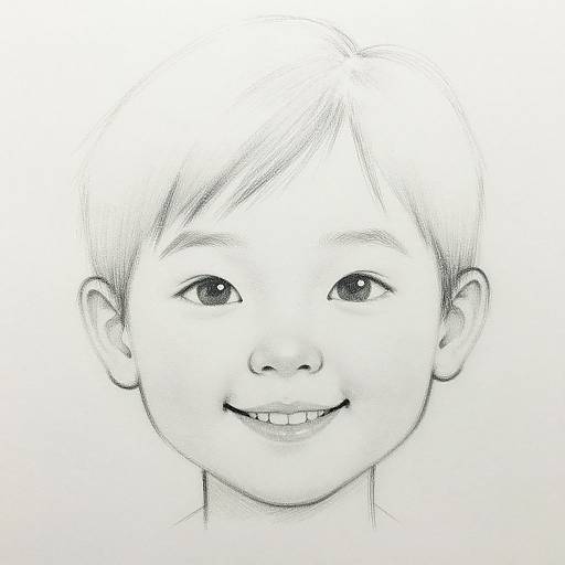 Black and white pencil drawing of a smiling young child with short hair, large eyes, and small teeth, centered against a plain white background.