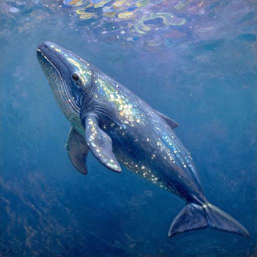 Photograph of a shimmering, silver-blue humpback whale swimming underwater, illuminated by sunlight, with rippling water reflections in the background.