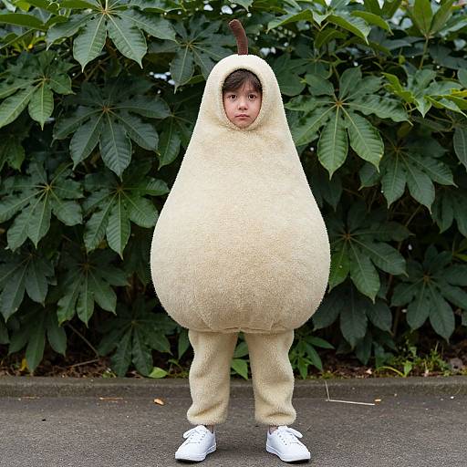 Photograph of a young Asian child in a white, pear-shaped costume with a single brown stem, standing in front of lush green leaves, wearing white