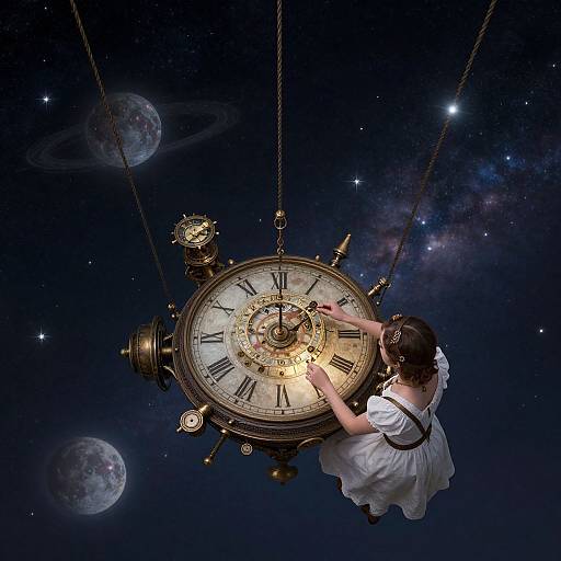Photograph of a woman in a white dress adjusting a large, ornate clock in a starry, cosmic sky with planets.