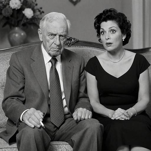 Black and White Portrait of Elderly Man and Woman on Couch