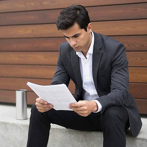 Intense Man Reading on Concrete Ledge