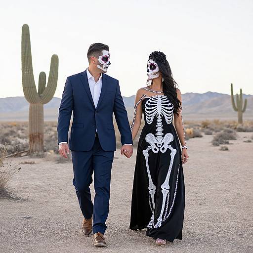 Photograph of a man and woman in a desert, dressed as skeletons, holding hands; he in a black suit, she in a black skeleton dress