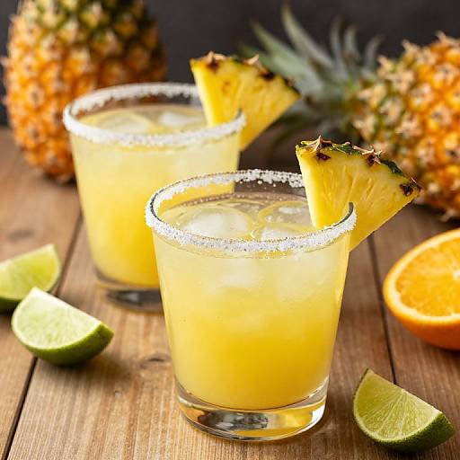 Photograph of two margaritas with salt rims, pineapple wedge garnishes, lime wedges, and whole pineapples on a wooden surface.