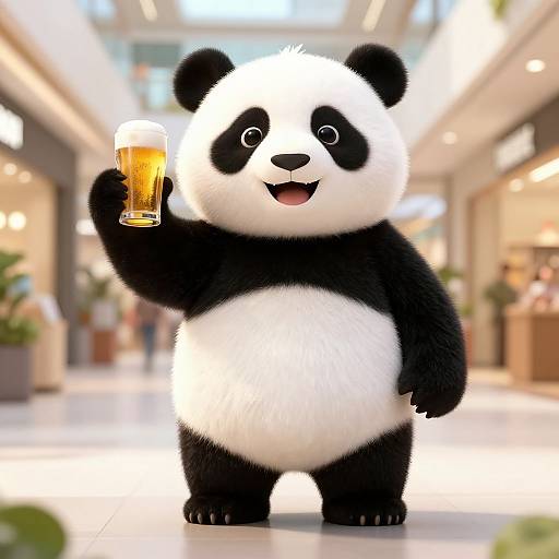CGI image of a cute, cartoon-style panda with black and white fur, holding a frothy beer in a brightly lit, modern mall.