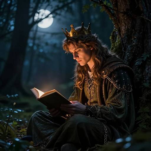 Photograph of a crowned, long-haired woman in medieval attire, reading a book under a moonlit forest, illuminated by the book's glow.