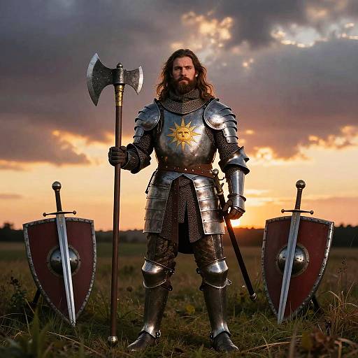 Medieval knight with long hair and beard, standing in grassy field at sunset, holding axe, with sword and shields behind. Photorealistic photograph