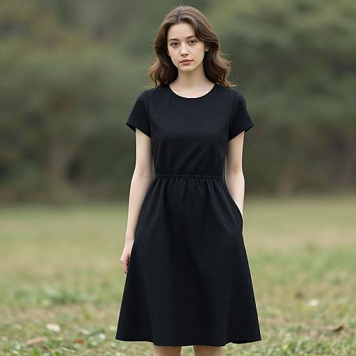 Photograph of a young woman with fair skin, brown wavy hair, and serious expression, wearing a simple black short-sleeve dress, standing