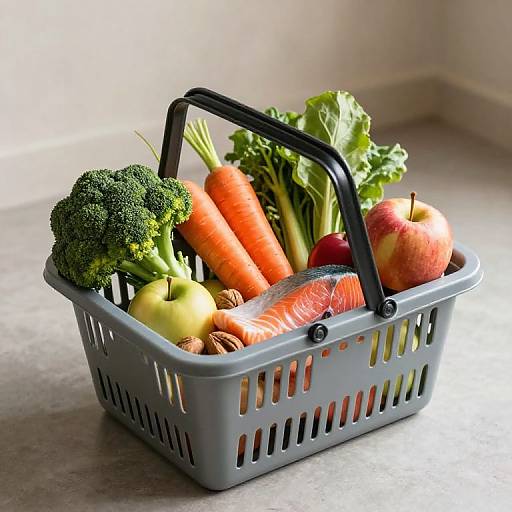 Photograph of a gray plastic basket filled with fresh vegetables and fruits, including broccoli, carrots, apple, red apple, lettuce, and smoked salmon,