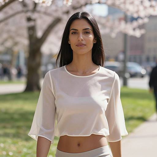 Confident Woman Strolling Spring Park