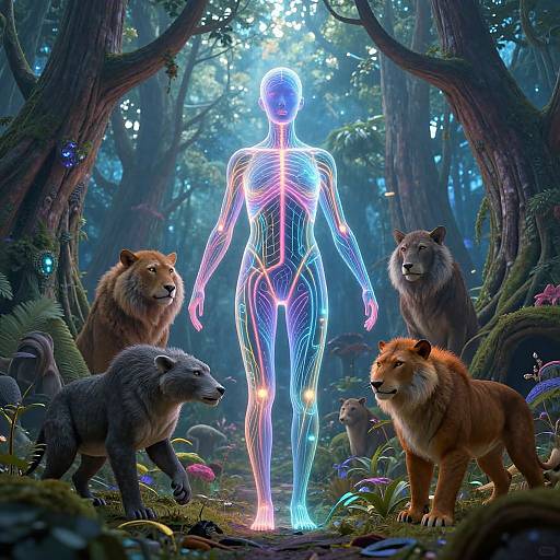Digital artwork of a glowing, neon-human silhouette in a mystical forest, surrounded by four wolves and a lion, with vibrant foliage and ethereal blue light