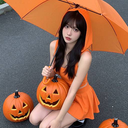 Photograph of an Asian woman with long black hair, wearing an orange Halloween dress and hood, holding an orange umbrella, kneeling on asphalt with three carved