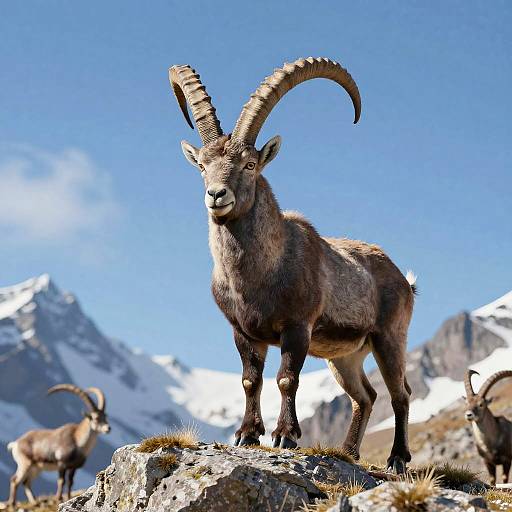 Photograph of a majestic ibex with curved horns standing on a rocky mountain peak, clear blue sky, snowy mountains in background.