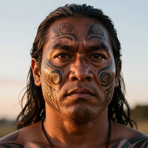 Photograph of a Native American man with long black hair, intricate black tribal face paint, and tattoos, against a sunset sky.
