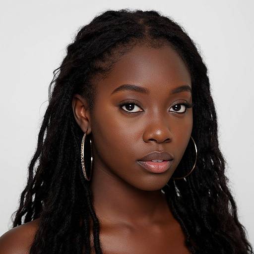 Photograph of a young Black woman with dark skin, long dreadlocks, wearing silver hoop earrings, and subtle makeup, against a white background.