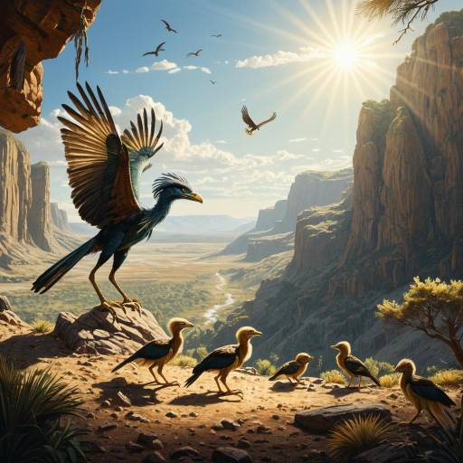 Archaeopteryx and Fledglings in Prehistoric Landscape