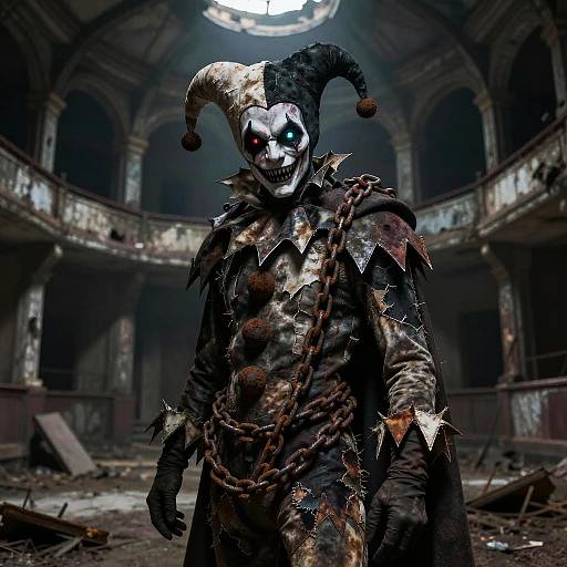 Creepy jester in tattered, spiked costume with white mask and black-and-white hat stands in a dilapidated, dark, circular room.
